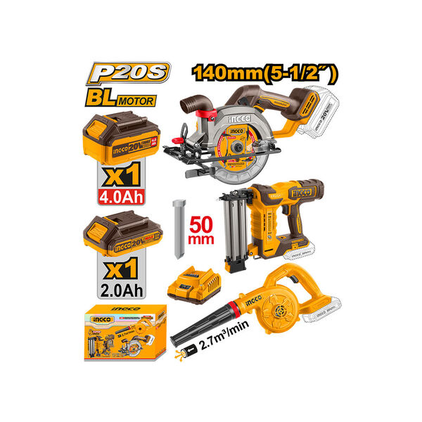 უკაბელო ცირკულარული ხერხის, სტეპლერისა და ჰაერდამბერის 3 ც-ნი კომპლექტი (COSLI240683) INGCO