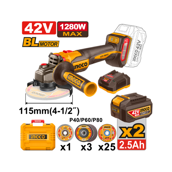ელექტრო კუთხსახეხი 42V-115MM Li-Ion CAGLI4128112 INGCO