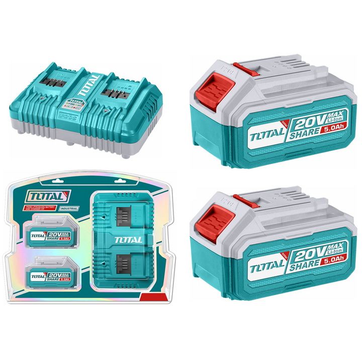 აკუმულატორი 5.0AH 20V - 2 ცალი და დამტენი  -  TOTAL TFBCPK2425