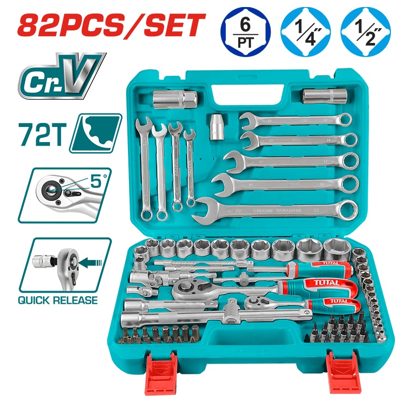 თავაკების ნაკრები TOTAL THT421802 – 82 ცალი (1/4" & 1/2")