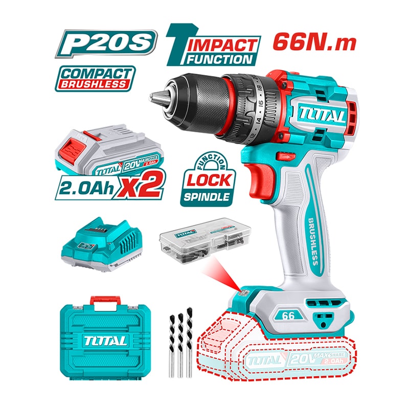 აკუმულატორული ბურღი-სახრახნისი 20ვ, 66ნმ TOTAL TIDLI20668