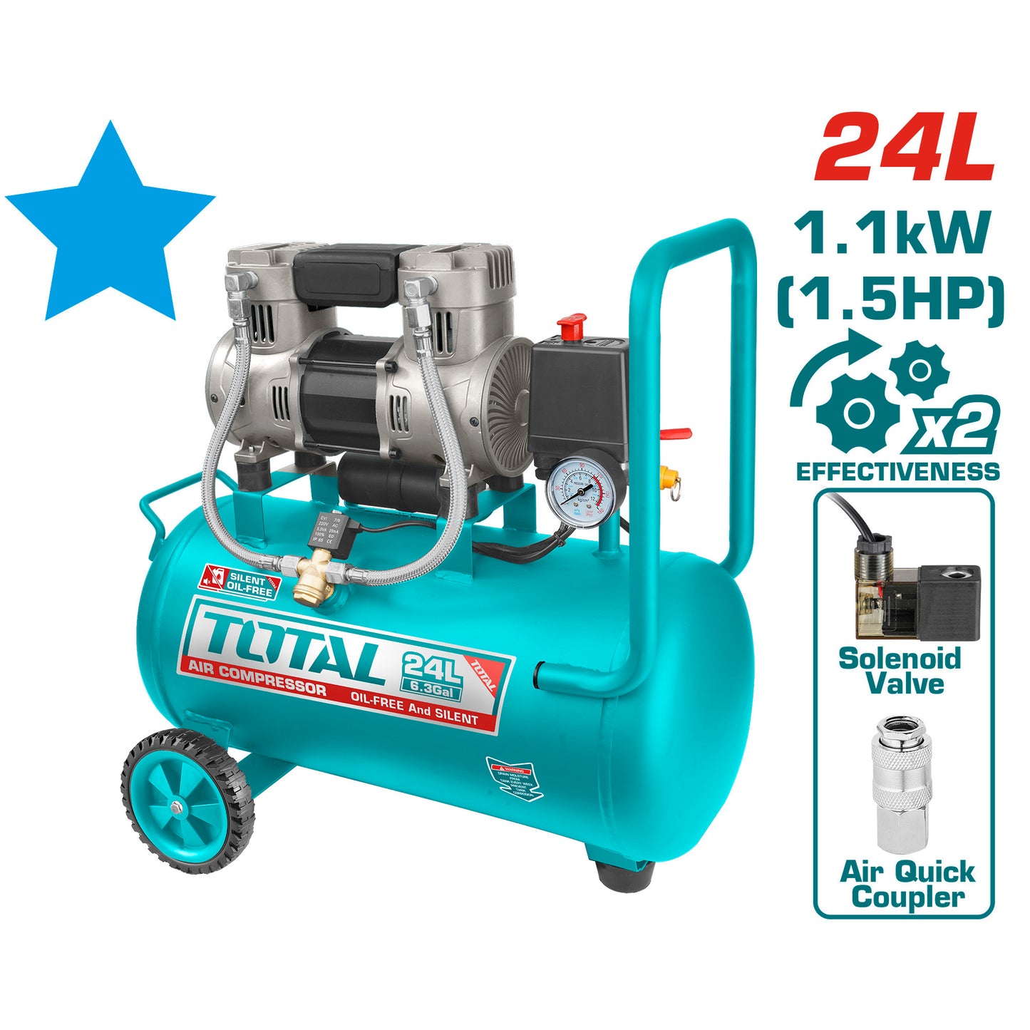 TOTAL TCS1110242 უზეთო ჰაერის კომპრესორი 24ლ, 1100W/1.5HP, დაბალი ხმაური (67dB), მაქს. 8 ბარი