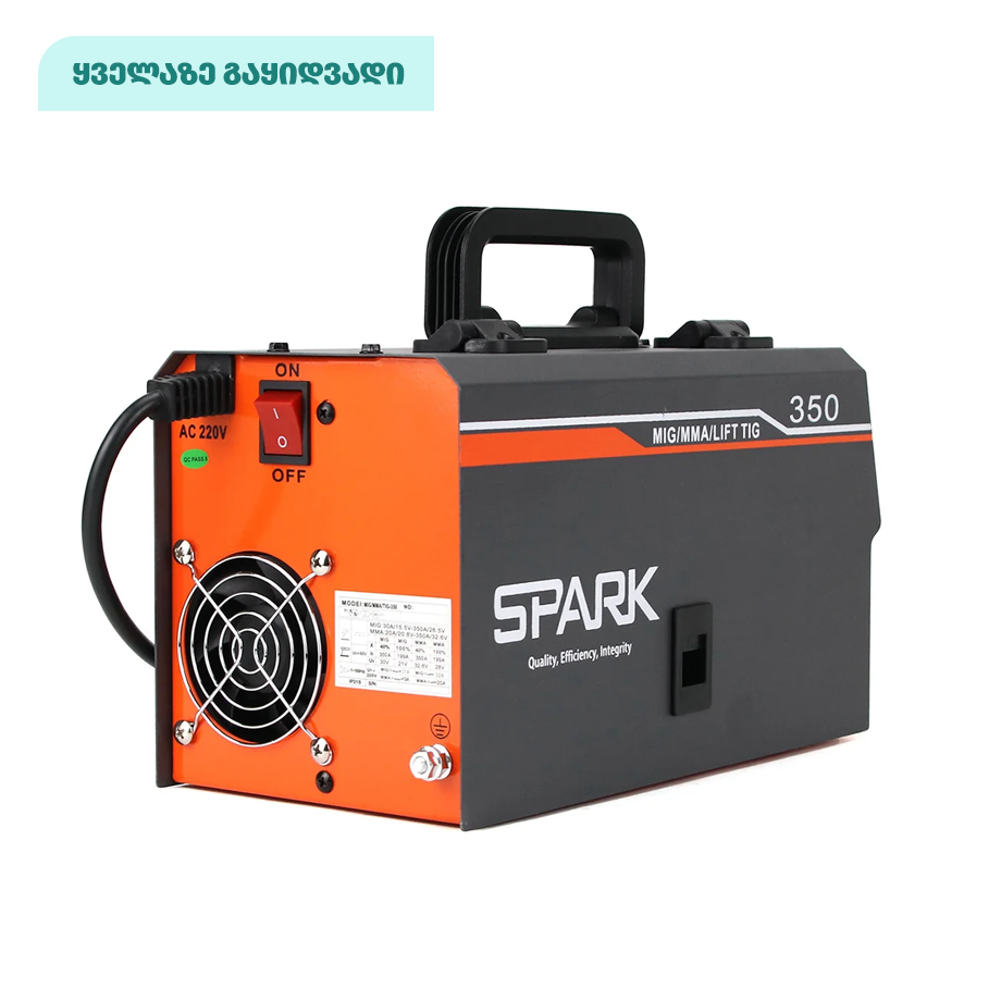 კემპის და შედუღების აპარატი FLUX მავრთულზე, MIG/MMA/TIG 3 ფუნქციით - SPARK MIG350