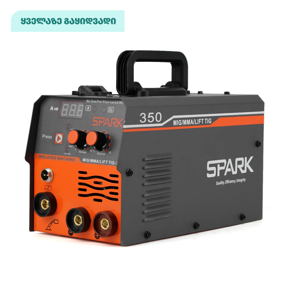 კემპის და შედუღების აპარატი FLUX მავრთულზე, MIG/MMA/TIG 3 ფუნქციით - SPARK MIG350