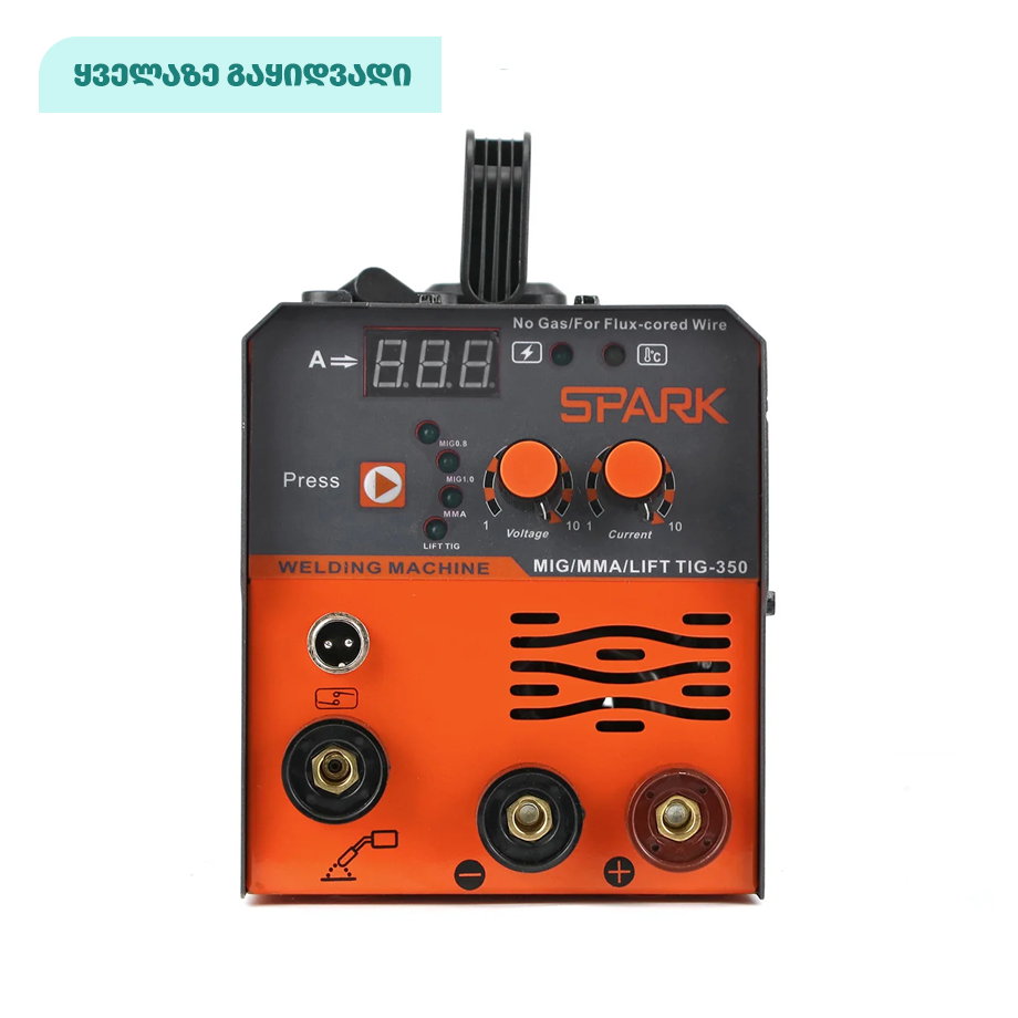 კემპის და შედუღების აპარატი FLUX მავრთულზე, MIG/MMA/TIG 3 ფუნქციით - SPARK MIG350