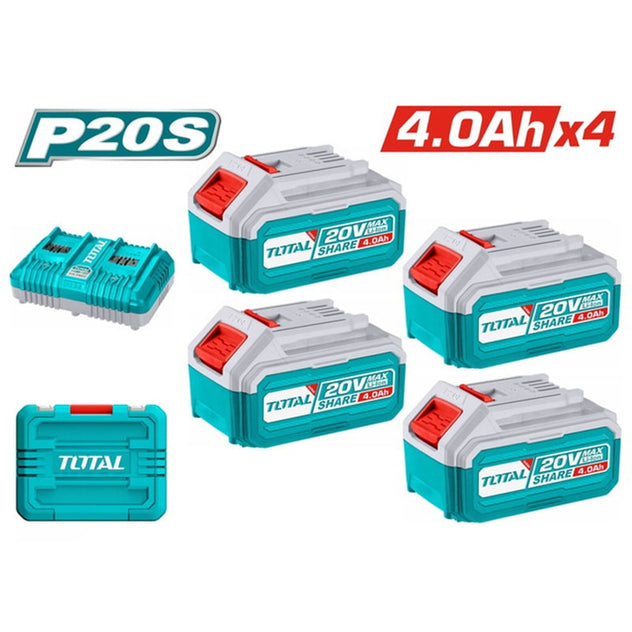აკუმულატორი 4.0AH 20V - 4 ცალი და დამტენი  -  TOTAL TFBCLI20244
