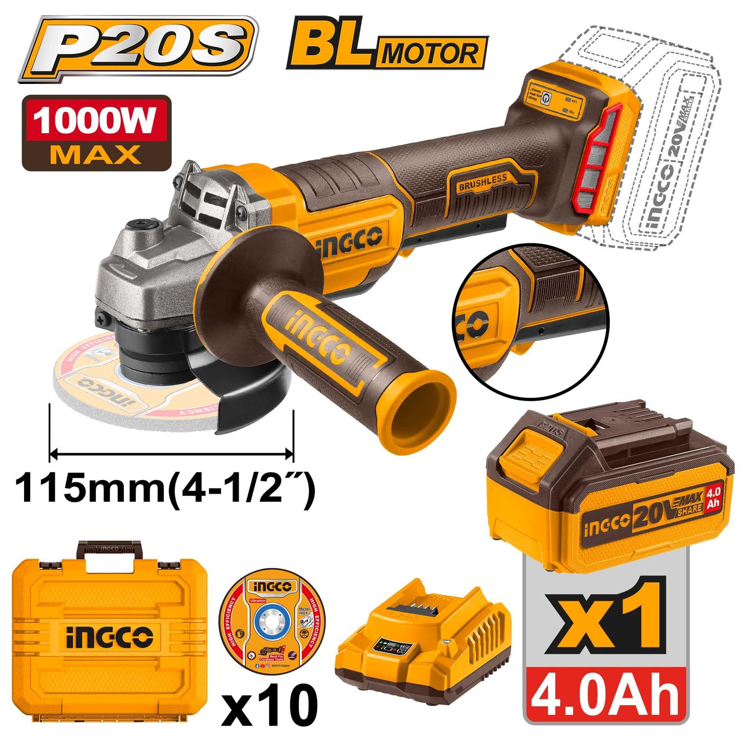 ელექტრო კუთხსახეხი 20ვ-115მმ Li-Ion Proline (CAGLI2111561)