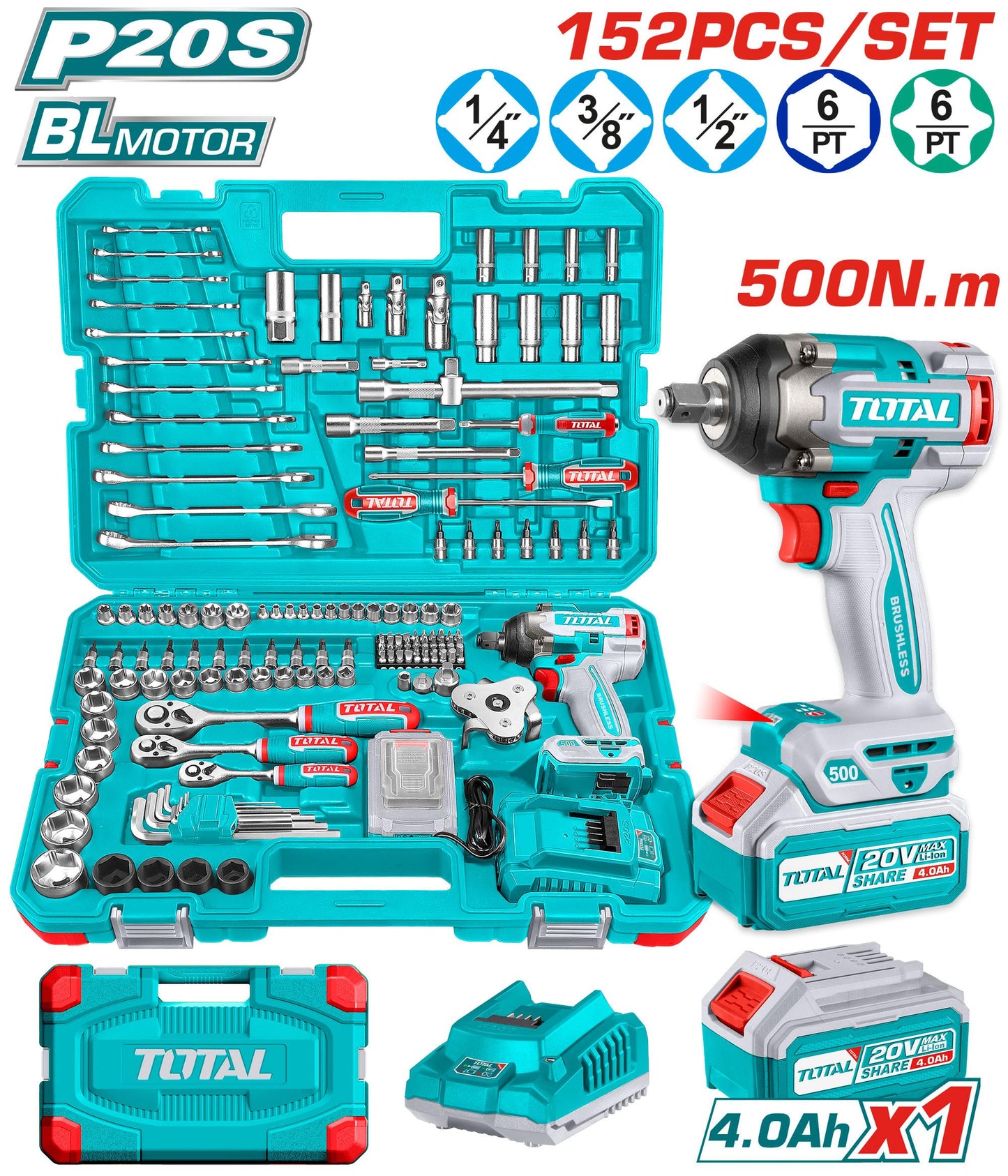 აკ. ქანჩის გასაღები 500ნმ, 20ვ TIWLI2050 და ინსტრუმენტების ნაკრები 152 ც