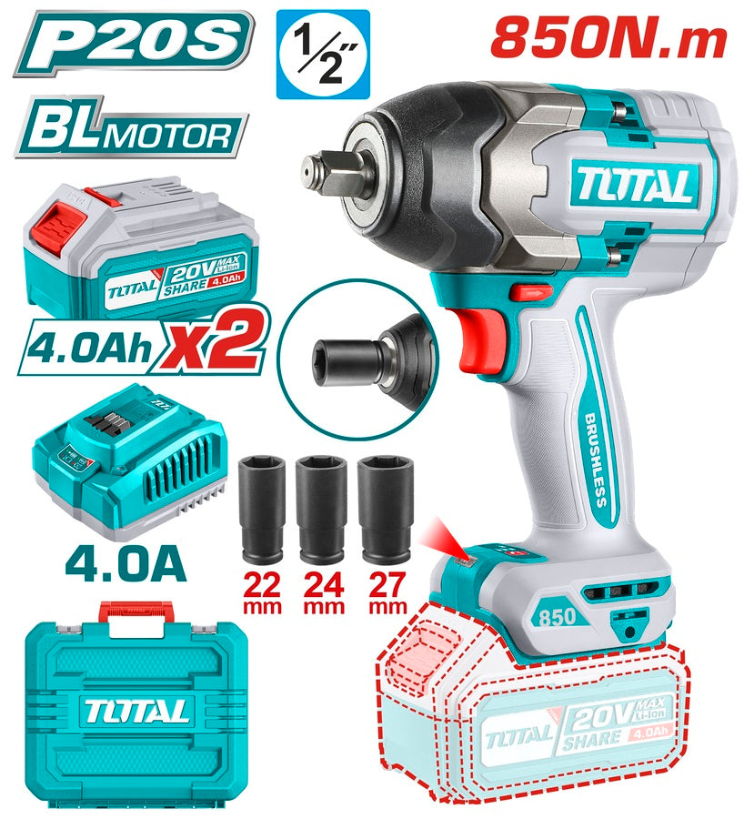 ქანჩდამჭერი TOTAL TIWLI2085 Li-Ion 20V (გაიკავიორტი) 850 ნიუტონი