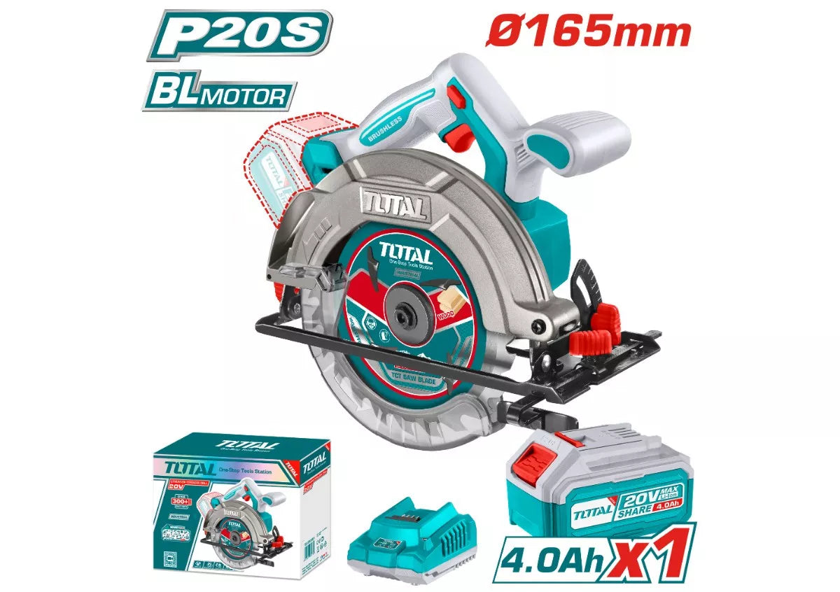 აკ. დისკური ხერხი 20ვ, 165მმ TOTAL (TSLI16521) 1 ცალი ელემენტით და დამტენით