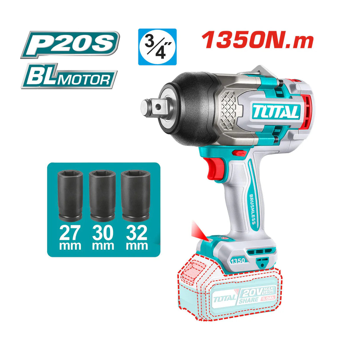 ქანჩდამჭერი TOTAL TIWLI20135E Li-Ion 20V (გაიკავიორტი) 1350 ნიუტონი