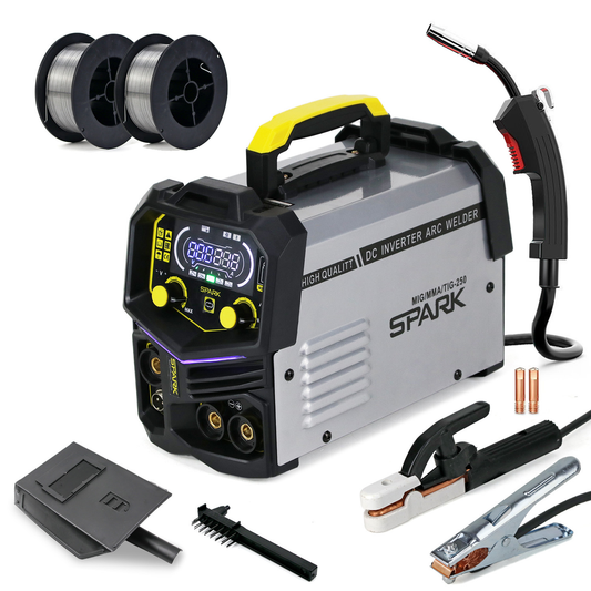 კემპის და შედუღების აპარატი FLUX მავრთულზე, MIG/MMA/TIG 3 ფუნქციით - SPARK MIG350X