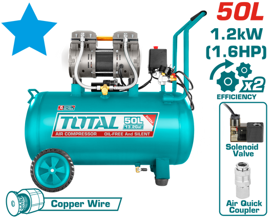 TOTAL TCS1120508 უზეთო ჰაერის კომპრესორი 50ლ, 1200W/1.6HP, სპილენძის ძრავით, მაქს. 8 ბარი
