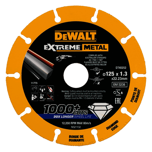 Dewalt DT40252-QZ მეტალის საჭრელი დისკი ალმასის პირით 125x22.23x1.3mm