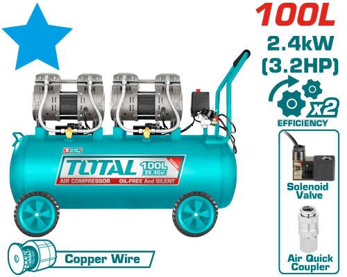 TOTAL UTCS2241008 პროფესიონალური უზეთო ჰაერის კომპრესორი 100ლ, 2400W (2x1200W) / 3.2HP, სპილენძის ძრავით, მაქს. 8 ბარი